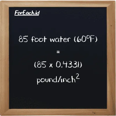 How to convert foot water (60<sup>o</sup>F) to pound/inch<sup>2</sup>: 85 foot water (60<sup>o</sup>F) (ftH2O) is equivalent to 85 times 0.4331 pound/inch<sup>2</sup> (psi)