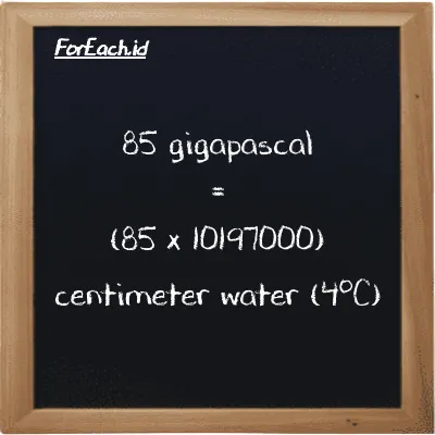 How to convert gigapascal to centimeter water (4<sup>o</sup>C): 85 gigapascal (GPa) is equivalent to 85 times 10197000 centimeter water (4<sup>o</sup>C) (cmH2O)