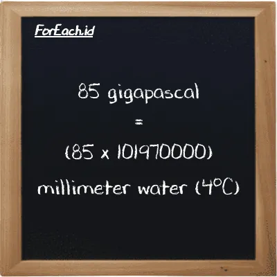 How to convert gigapascal to millimeter water (4<sup>o</sup>C): 85 gigapascal (GPa) is equivalent to 85 times 101970000 millimeter water (4<sup>o</sup>C) (mmH2O)
