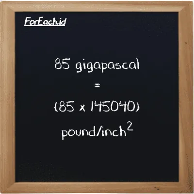 How to convert gigapascal to pound/inch<sup>2</sup>: 85 gigapascal (GPa) is equivalent to 85 times 145040 pound/inch<sup>2</sup> (psi)
