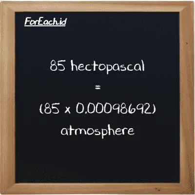 How to convert hectopascal to atmosphere: 85 hectopascal (hPa) is equivalent to 85 times 0.00098692 atmosphere (atm)