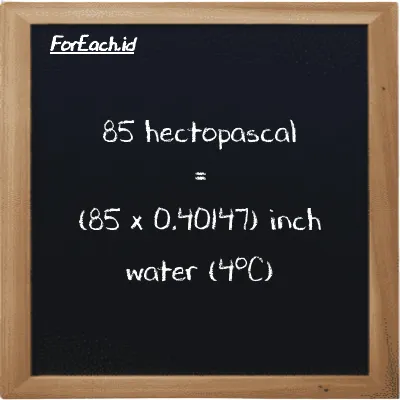 How to convert hectopascal to inch water (4<sup>o</sup>C): 85 hectopascal (hPa) is equivalent to 85 times 0.40147 inch water (4<sup>o</sup>C) (inH2O)