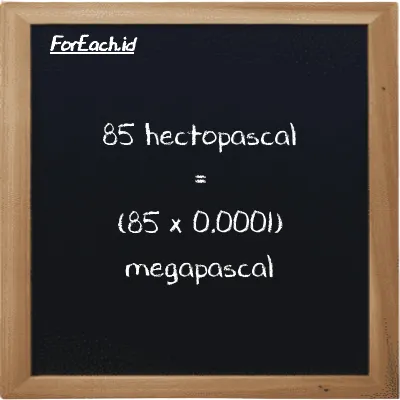 How to convert hectopascal to megapascal: 85 hectopascal (hPa) is equivalent to 85 times 0.0001 megapascal (MPa)