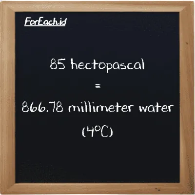 How to convert hectopascal to millimeter water (4<sup>o</sup>C): 85 hectopascal (hPa) is equivalent to 85 times 10.197 millimeter water (4<sup>o</sup>C) (mmH2O)