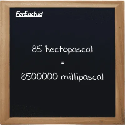 85 hectopascal is equivalent to 8500000 millipascal (85 hPa is equivalent to 8500000 mPa)