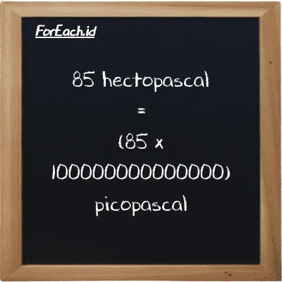 85 hectopascal is equivalent to 8500000000000000 picopascal (85 hPa is equivalent to 8500000000000000 pPa)