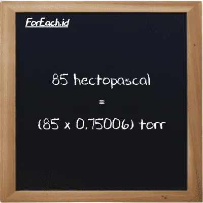 85 hectopascal is equivalent to 63.755 torr (85 hPa is equivalent to 63.755 torr)