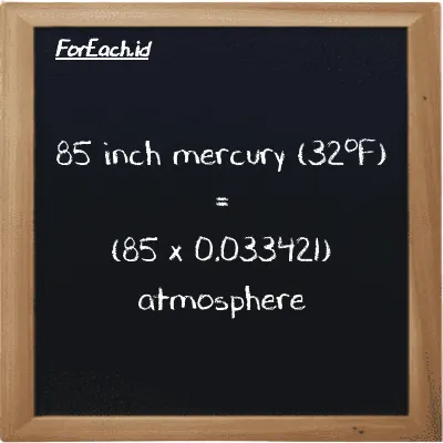 How to convert inch mercury (32<sup>o</sup>F) to atmosphere: 85 inch mercury (32<sup>o</sup>F) (inHg) is equivalent to 85 times 0.033421 atmosphere (atm)