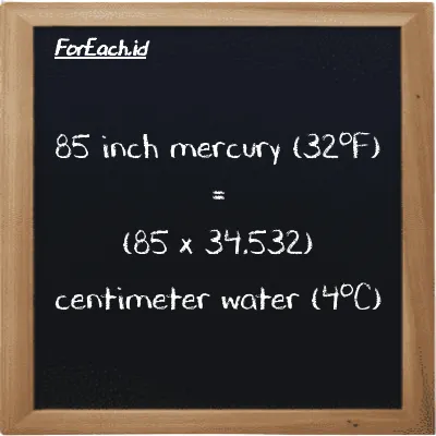 How to convert inch mercury (32<sup>o</sup>F) to centimeter water (4<sup>o</sup>C): 85 inch mercury (32<sup>o</sup>F) (inHg) is equivalent to 85 times 34.532 centimeter water (4<sup>o</sup>C) (cmH2O)