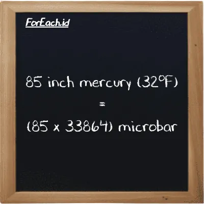 How to convert inch mercury (32<sup>o</sup>F) to microbar: 85 inch mercury (32<sup>o</sup>F) (inHg) is equivalent to 85 times 33864 microbar (µbar)
