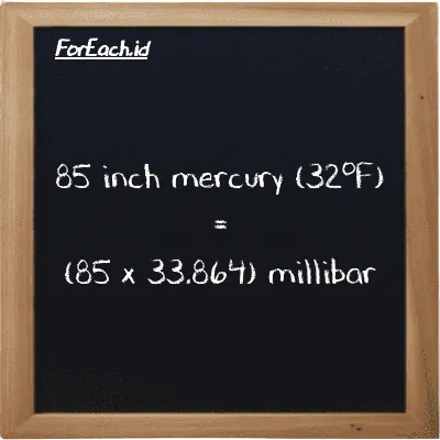 How to convert inch mercury (32<sup>o</sup>F) to millibar: 85 inch mercury (32<sup>o</sup>F) (inHg) is equivalent to 85 times 33.864 millibar (mbar)