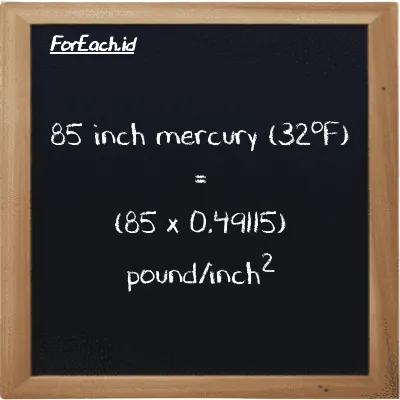 How to convert inch mercury (32<sup>o</sup>F) to pound/inch<sup>2</sup>: 85 inch mercury (32<sup>o</sup>F) (inHg) is equivalent to 85 times 0.49115 pound/inch<sup>2</sup> (psi)