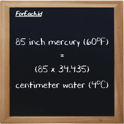 How to convert inch mercury (60<sup>o</sup>F) to centimeter water (4<sup>o</sup>C): 85 inch mercury (60<sup>o</sup>F) (inHg) is equivalent to 85 times 34.435 centimeter water (4<sup>o</sup>C) (cmH2O)