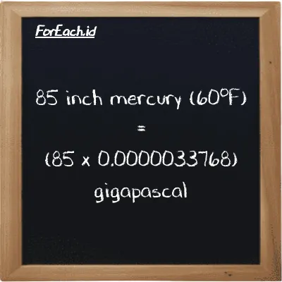 How to convert inch mercury (60<sup>o</sup>F) to gigapascal: 85 inch mercury (60<sup>o</sup>F) (inHg) is equivalent to 85 times 0.0000033768 gigapascal (GPa)