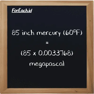 How to convert inch mercury (60<sup>o</sup>F) to megapascal: 85 inch mercury (60<sup>o</sup>F) (inHg) is equivalent to 85 times 0.0033768 megapascal (MPa)