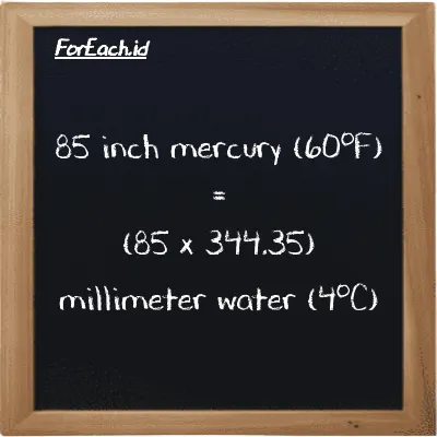 How to convert inch mercury (60<sup>o</sup>F) to millimeter water (4<sup>o</sup>C): 85 inch mercury (60<sup>o</sup>F) (inHg) is equivalent to 85 times 344.35 millimeter water (4<sup>o</sup>C) (mmH2O)