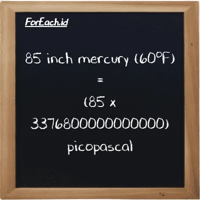How to convert inch mercury (60<sup>o</sup>F) to picopascal: 85 inch mercury (60<sup>o</sup>F) (inHg) is equivalent to 85 times 3376800000000000 picopascal (pPa)