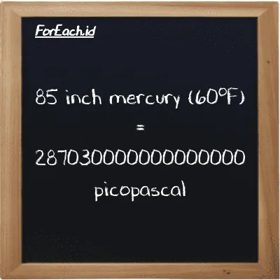 85 inch mercury (60<sup>o</sup>F) is equivalent to 287030000000000000 picopascal (85 inHg is equivalent to 287030000000000000 pPa)