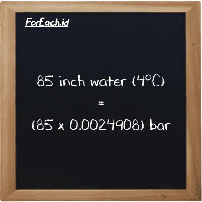 How to convert inch water (4<sup>o</sup>C) to bar: 85 inch water (4<sup>o</sup>C) (inH2O) is equivalent to 85 times 0.0024908 bar (bar)