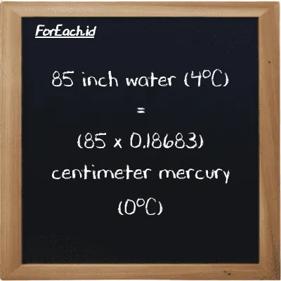 How to convert inch water (4<sup>o</sup>C) to centimeter mercury (0<sup>o</sup>C): 85 inch water (4<sup>o</sup>C) (inH2O) is equivalent to 85 times 0.18683 centimeter mercury (0<sup>o</sup>C) (cmHg)