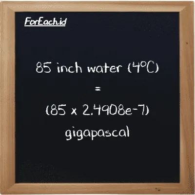 How to convert inch water (4<sup>o</sup>C) to gigapascal: 85 inch water (4<sup>o</sup>C) (inH2O) is equivalent to 85 times 2.4908e-7 gigapascal (GPa)