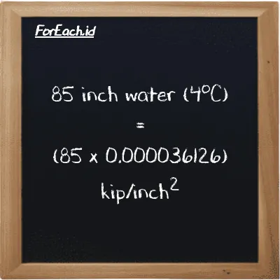 How to convert inch water (4<sup>o</sup>C) to kip/inch<sup>2</sup>: 85 inch water (4<sup>o</sup>C) (inH2O) is equivalent to 85 times 0.000036126 kip/inch<sup>2</sup> (ksi)