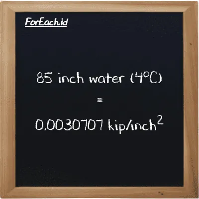 85 inch water (4<sup>o</sup>C) is equivalent to 0.0030707 kip/inch<sup>2</sup> (85 inH2O is equivalent to 0.0030707 ksi)