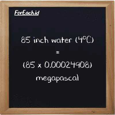 How to convert inch water (4<sup>o</sup>C) to megapascal: 85 inch water (4<sup>o</sup>C) (inH2O) is equivalent to 85 times 0.00024908 megapascal (MPa)