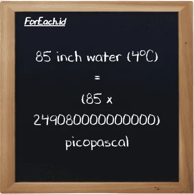 How to convert inch water (4<sup>o</sup>C) to picopascal: 85 inch water (4<sup>o</sup>C) (inH2O) is equivalent to 85 times 249080000000000 picopascal (pPa)