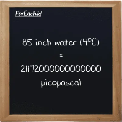 85 inch water (4<sup>o</sup>C) is equivalent to 21172000000000000 picopascal (85 inH2O is equivalent to 21172000000000000 pPa)