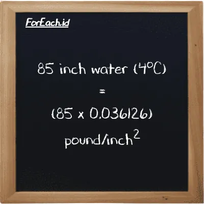 How to convert inch water (4<sup>o</sup>C) to pound/inch<sup>2</sup>: 85 inch water (4<sup>o</sup>C) (inH2O) is equivalent to 85 times 0.036126 pound/inch<sup>2</sup> (psi)