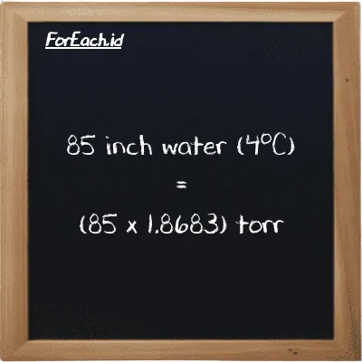How to convert inch water (4<sup>o</sup>C) to torr: 85 inch water (4<sup>o</sup>C) (inH2O) is equivalent to 85 times 1.8683 torr (torr)