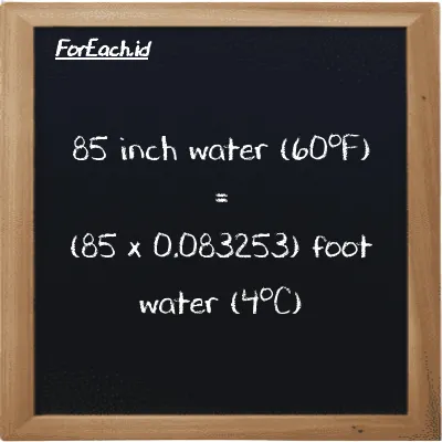 How to convert inch water (60<sup>o</sup>F) to foot water (4<sup>o</sup>C): 85 inch water (60<sup>o</sup>F) (inH20) is equivalent to 85 times 0.083253 foot water (4<sup>o</sup>C) (ftH2O)
