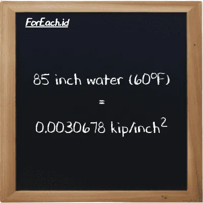 How to convert inch water (60<sup>o</sup>F) to kip/inch<sup>2</sup>: 85 inch water (60<sup>o</sup>F) (inH20) is equivalent to 85 times 0.000036092 kip/inch<sup>2</sup> (ksi)
