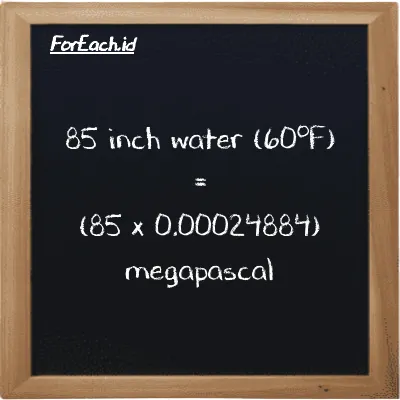How to convert inch water (60<sup>o</sup>F) to megapascal: 85 inch water (60<sup>o</sup>F) (inH20) is equivalent to 85 times 0.00024884 megapascal (MPa)