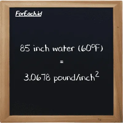 85 inch water (60<sup>o</sup>F) is equivalent to 3.0678 pound/inch<sup>2</sup> (85 inH20 is equivalent to 3.0678 psi)