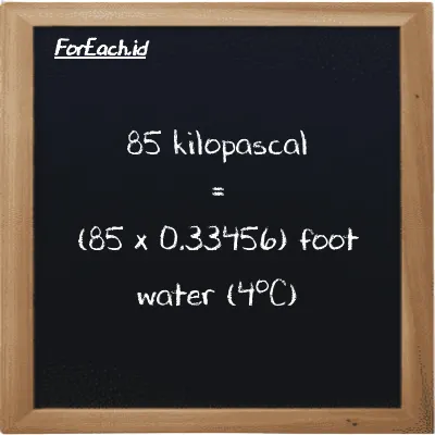 How to convert kilopascal to foot water (4<sup>o</sup>C): 85 kilopascal (kPa) is equivalent to 85 times 0.33456 foot water (4<sup>o</sup>C) (ftH2O)