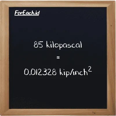 How to convert kilopascal to kip/inch<sup>2</sup>: 85 kilopascal (kPa) is equivalent to 85 times 0.00014504 kip/inch<sup>2</sup> (ksi)