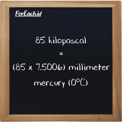 How to convert kilopascal to millimeter mercury (0<sup>o</sup>C): 85 kilopascal (kPa) is equivalent to 85 times 7.5006 millimeter mercury (0<sup>o</sup>C) (mmHg)