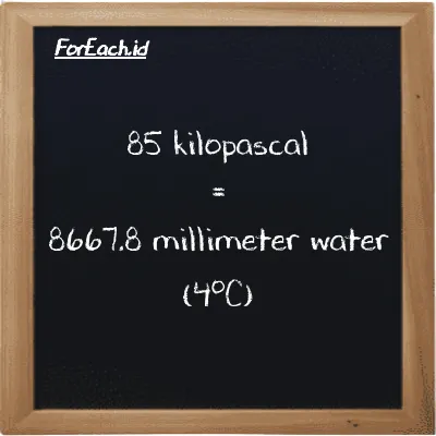 85 kilopascal is equivalent to 8667.8 millimeter water (4<sup>o</sup>C) (85 kPa is equivalent to 8667.8 mmH2O)