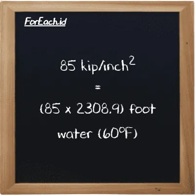 How to convert kip/inch<sup>2</sup> to foot water (60<sup>o</sup>F): 85 kip/inch<sup>2</sup> (ksi) is equivalent to 85 times 2308.9 foot water (60<sup>o</sup>F) (ftH2O)