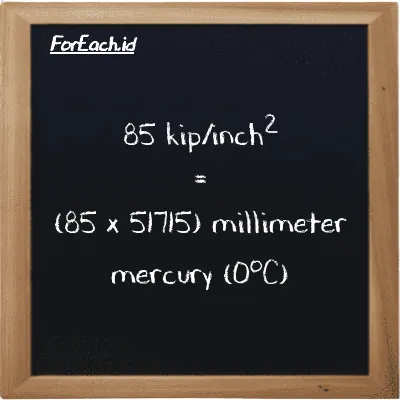 How to convert kip/inch<sup>2</sup> to millimeter mercury (0<sup>o</sup>C): 85 kip/inch<sup>2</sup> (ksi) is equivalent to 85 times 51715 millimeter mercury (0<sup>o</sup>C) (mmHg)