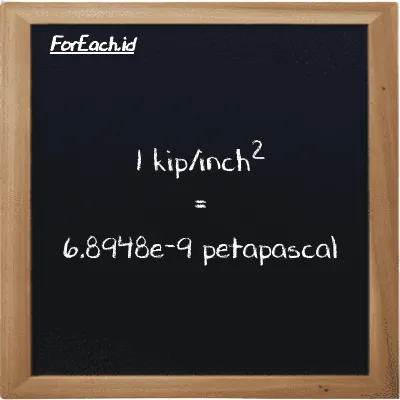1 kip/inch<sup>2</sup> is equivalent to 6.8948e-9 petapascal (1 ksi is equivalent to 6.8948e-9 PPa)