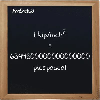 1 kip/inch<sup>2</sup> is equivalent to 6894800000000000000 picopascal (1 ksi is equivalent to 6894800000000000000 pPa)