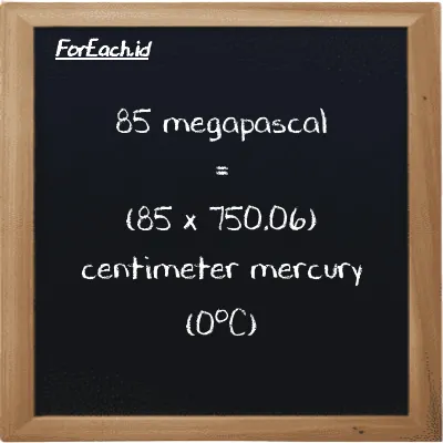 How to convert megapascal to centimeter mercury (0<sup>o</sup>C): 85 megapascal (MPa) is equivalent to 85 times 750.06 centimeter mercury (0<sup>o</sup>C) (cmHg)