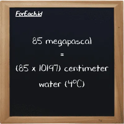 How to convert megapascal to centimeter water (4<sup>o</sup>C): 85 megapascal (MPa) is equivalent to 85 times 10197 centimeter water (4<sup>o</sup>C) (cmH2O)