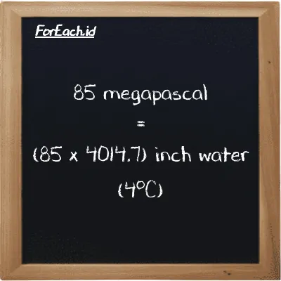 How to convert megapascal to inch water (4<sup>o</sup>C): 85 megapascal (MPa) is equivalent to 85 times 4014.7 inch water (4<sup>o</sup>C) (inH2O)