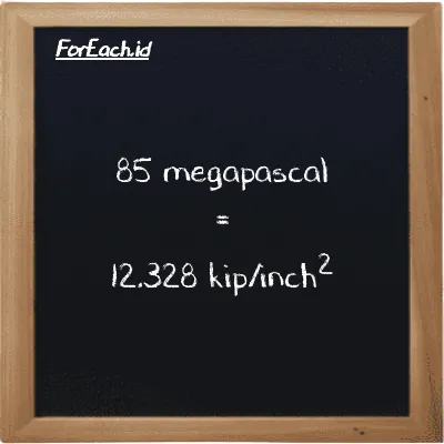 How to convert megapascal to kip/inch<sup>2</sup>: 85 megapascal (MPa) is equivalent to 85 times 0.14504 kip/inch<sup>2</sup> (ksi)