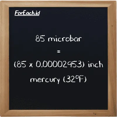How to convert microbar to inch mercury (32<sup>o</sup>F): 85 microbar (µbar) is equivalent to 85 times 0.00002953 inch mercury (32<sup>o</sup>F) (inHg)