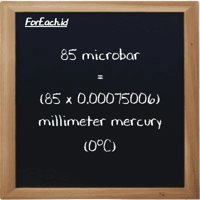 How to convert microbar to millimeter mercury (0<sup>o</sup>C): 85 microbar (µbar) is equivalent to 85 times 0.00075006 millimeter mercury (0<sup>o</sup>C) (mmHg)